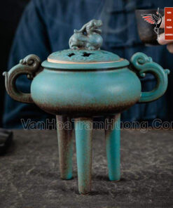 Lư đốt trầm ba chân men xanh ngọc cao cấp
