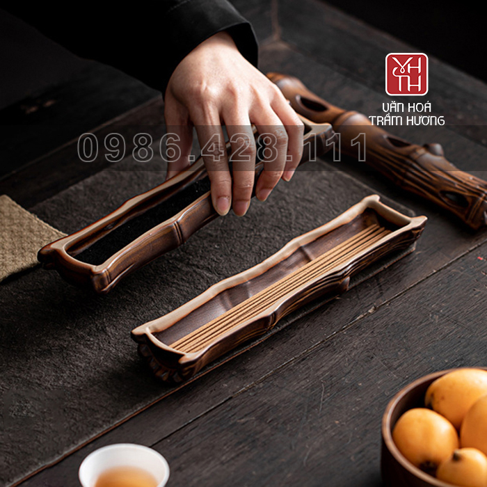 Hộp đốt nhang trầm không tăm gốm trúc - Ảnh 2