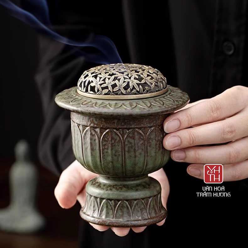 Lư điện xông trầm gốm men lá - Ảnh 5
