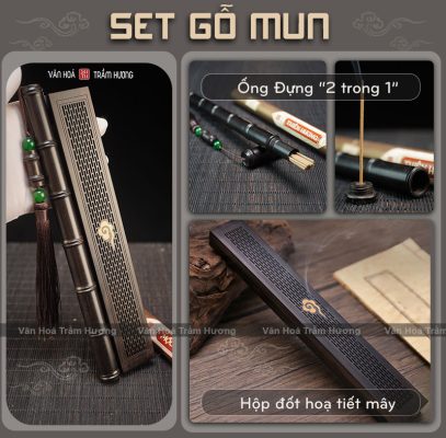 Combo Ống đựng nhang & Hộp đốt trầm gỗ Mun – Phụ kiện xông trầm sang trọng, tiện dụng